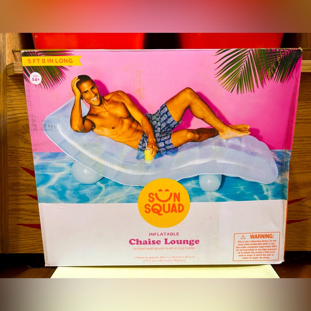 NEW Sun Squad Inflatable Chaise Lounge w/Cup Holder